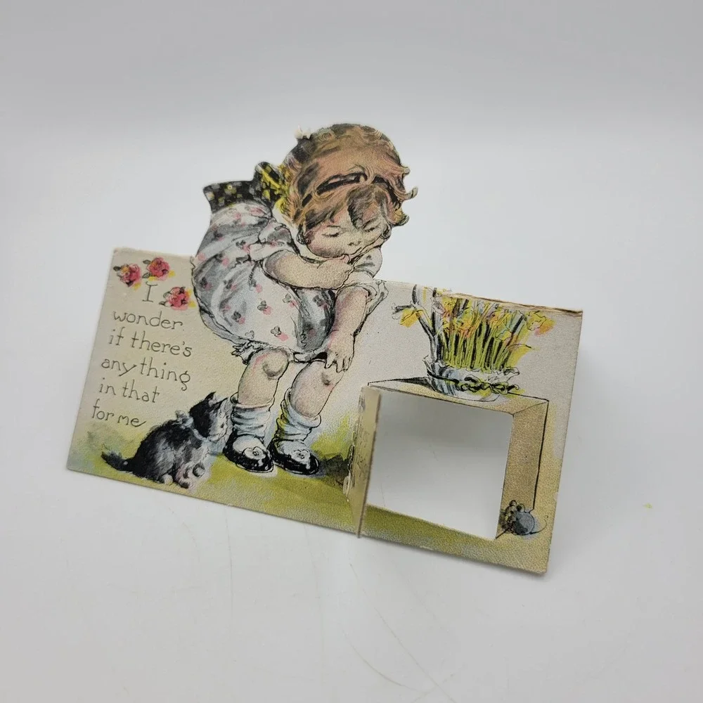 Vintage Valentine Card Girl Kitten Pop Up Die Cut Antique‎ Valentines Day